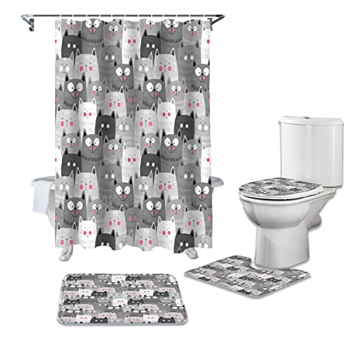 WWGBHJL 4-teiliges duschvorhang-Set Cartoon graue Katze niedliche Badezimmer-matten-Set wasserdicht duschvorhang-Set…