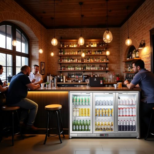 Image of BODEGA BODEGACOOLER Back Bar Cooler, 11.4 Cu.Ft Stainless Steel Commercial Bar Fridge with 3 Glass Doors,Counter Height Bar Beverage Cooler with LED Lighting for Beer,Soda Drinks,Wine