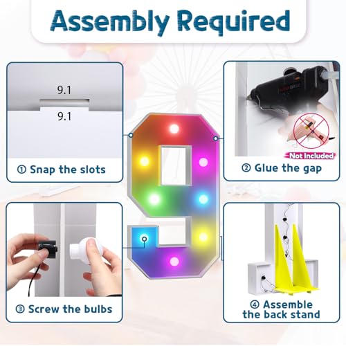 Image of Imprsv Colorful 3FT Marquee Numbers 9, 18 Colors Large Light up Numbers | RGB with Remote, Birthday Party Decorations Anniversary Wedding Decorations Assembly Required 20 Pcs Accessory Set