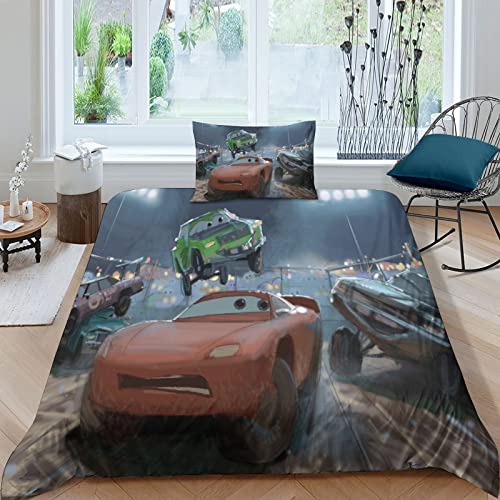 3 Piezas Juego De Cama Lightning Mcqueen Impreso En 3D, Funda Nórdica Y Fundas De Almohada, Suave para Decoración del Hogar,para Niños Y Adultos Y Adolescentes Single(135x200cm)