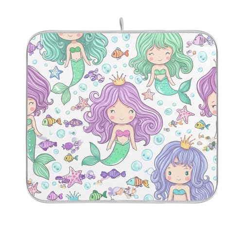 Alfombrillas de secado de platos coloridos con diseño de sirenas de dibujos animados, absorbentes, de secado rápido, artístico, para encimera de cocina, 18 x 24 pulgadas