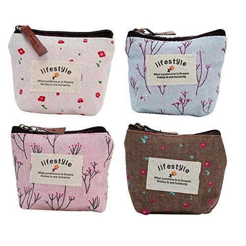 Tinmall 4 Stück Canvas kleine Täschchen mit Reißverschluss, Mini Portemonnaie für Frauen Kinder, Mädchen Geldbörse mit Blumenmuster Münzbeutel Schlüsseltasche Cover