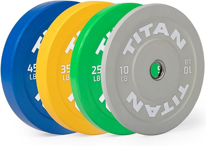 Titan Fitness Economy Olympic Bumper Plates, Color-Coded by IWF Standards, Low Bounce Rubber with Steel Insert, Weightlifting and Strength Training, Barbell Weight Set