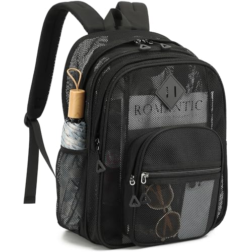 HuiLeo Mesh Backpack for Boys Girls Teens Heavy Duty See Through College Bookbag for School Work Beach Black