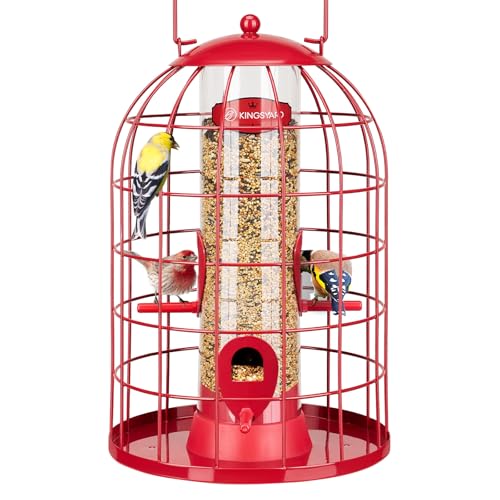 Kingsyard Caged Bird Feeder for Outdoor Hanging - Upgraded Metal Bird Feeder for Small Birds, Detachable Tube Feeder with 4 Feeding Ports & Perches, Easy to Clean & Refill. Red