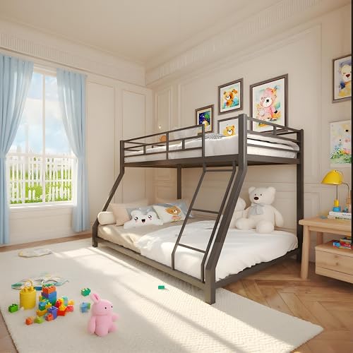 LINKHOO Metal Bunk Beds Twin Over Full Size for Kids, Teens & Adults, Low Profile Bunk Bed Frame with Ladder and Guardrail, No Box Spring Needed, Black