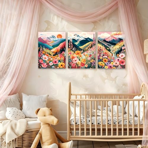 Image of Frimeeme Colorful Floral Mountain Wall Art Set of 3, 12x16in, Unframed