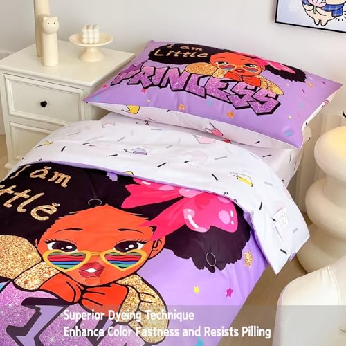 Image of 4 Piece Toddler Bedding Set for Girls,Toddler Black Girl Magic Comforter Set,Black Princess Toddler Bed Comforter Set Includes Comforter, Flat Sheet,Fitted Sheet,Pillowcase
