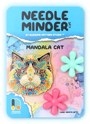 Image of Awesome Pattern Studio Needle Minder Set - Mandala Cat Magnetic Needle Minder + 2 Needle Threaders. Enamel Pin for Cross Stitch, Embroidery and Craft
