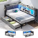 Brinlawb 3ft Single Bed Frame with Upholstered Headboard, Charging Station (2 AC Sockets, 2 USB Ports) and LED Lights, Single Bed with Storage, 2 Drawers, Reversible Left/Right Hand Assembly, Grey Oak