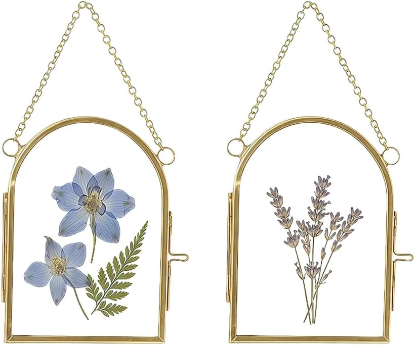 Pack of 2 Mini Double Glass Pressed Flower Photo Frame Craft with Metal Chain