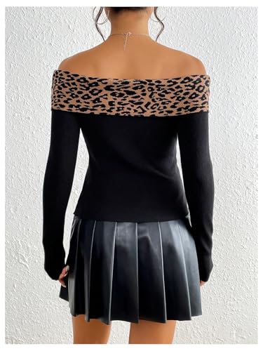 Image of MakeMeChic Women's Off The Shoulder Sweater Leopard Print Long Sleeve Knitted Cheetah Print Top Black X-Small