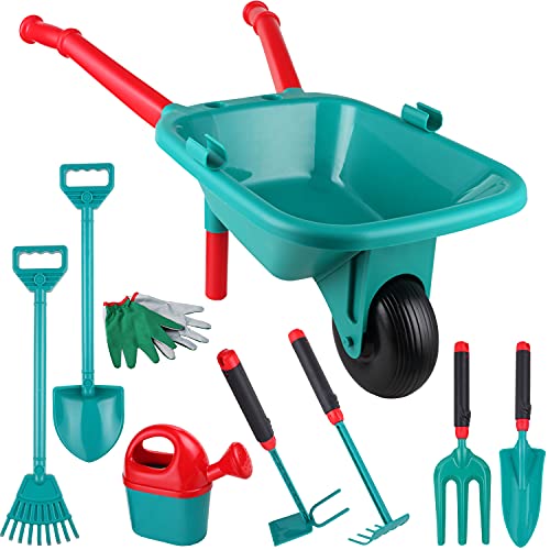 Garden Tools for Kids, Genround Kids Gardening Tools Garden Toys with Wheelbarrow, Watering Can, Gardening Gloves, Hand Rake, Shovel, Trowel, Double Hoe Outdoor Indoor Toys Gift for Kids Boys Girls