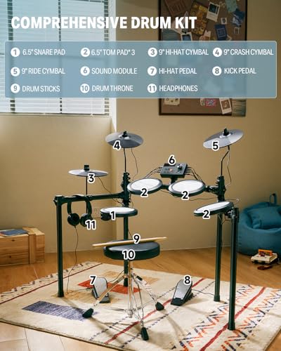 Donner Electric Drum Set, DED-70 Electronic Drum Kit for Beginner with 150 Sounds, 4 Quiet Mesh Pads, 9" Cymbals, USB MIDI, Type-C Charging, 2 Pedal, Throne, Headphones, Sticks, Melodics Lessons - Image 6