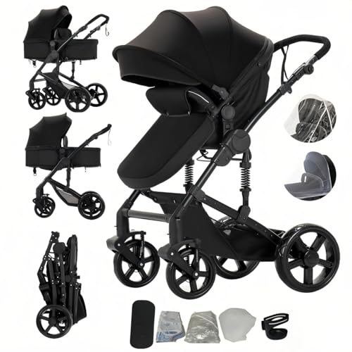 Doraystar 2 in 1 Baby Stroller with Bassinet Mode, Reversible Infant Pram, One-Click Folding, Newborn Travel Stroller, Convertible Toddler Standard Pram Carriage (2US588-BLACK)
