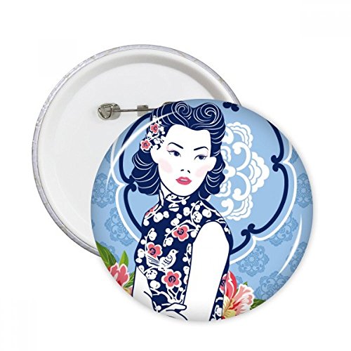 Badge fleur bleue chinoise bouton rond multicolore vêtement pin's déco 5pcs