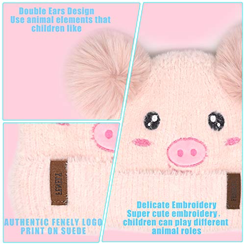 Kids Winter Beanie Knitted Hats For Girls Boys Toddler Baby, Pig Cartoon Animal Faux Fur Double Pom Pom Bobble Warm Soft Fleece Cute Infant Stocking Cap For Children #TOP2