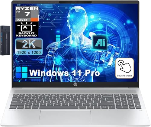 Image of HP Omnibook 5 16 inch 2K Touchscreen Copilot+ Laptop, AMD Ryzen AI 7 350, 16GB RAM 1TB SSD, HDMI, Wi-Fi 6, Bluetooth 5.4, Backlit Keyboard, Webcam, 256gb 9H Docking Station, Windows 11 Pro, Silver