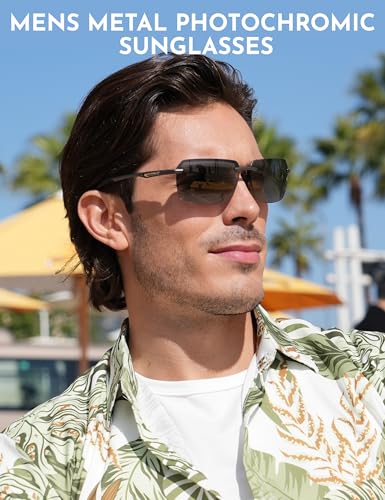 Image of BIRCEN Mens Metal Photochromic Sunglasses: UV Protection Al-Mg Sun Glasses Ultra-light Rimless Shades for Driving Cycling