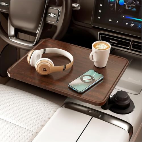 Car Laptop Desk with 360° Rotation Solid Wood Cup Holder Tray image 2