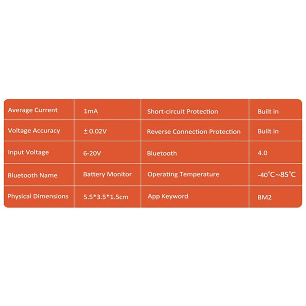 Table of Quicklynks BM2 Battery Monitor specifications