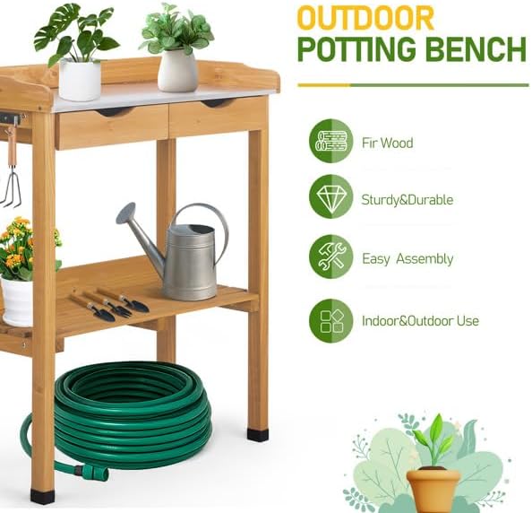 Outdoor Wooden Potting Bench Table for Garden, Metal Worktop Gardening Station with Storage Shelf, Drawers, Hooks, Natural Fir Planting Workbench