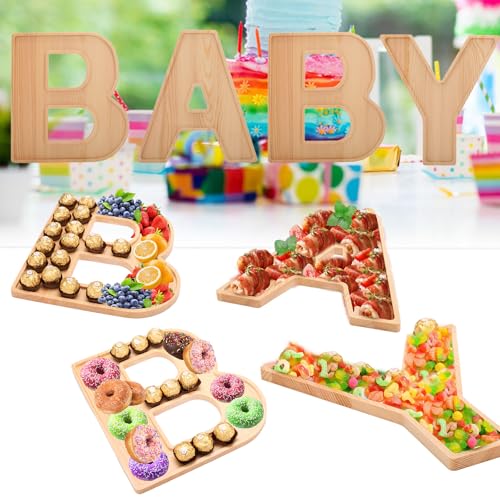 4PCS Charcuterie Letters 12” Fillable Cardboard Letters “Baby” Tray for Baby Shower, Wood Cupcake Chocolate Candy Dessert Decorative Tray (Baby-Wooden)