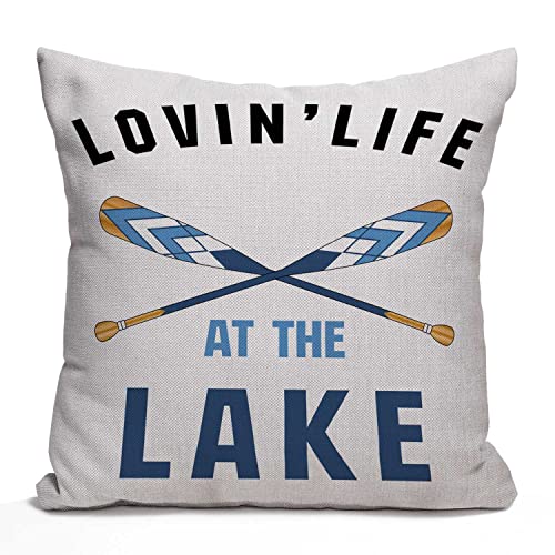 Nphuriy Black Blue Word Art Quote Loving Life at The Lake Wooden Paddle Oar Summer Decorative Throw Pillow Cover Case Cushion Home Living Room Bed Sofa Car Cotton Linen Square 16 x 16 Inches