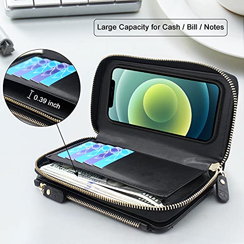 Lacass Dual Zipper Leather Wallet Case Card Slots [Cards Theft Scan Protection] Detachable Magnet Phone Cover Money Pocket Crossbody Chain Lanyard For Iphone 12/12 Pro (Black) #TOP3