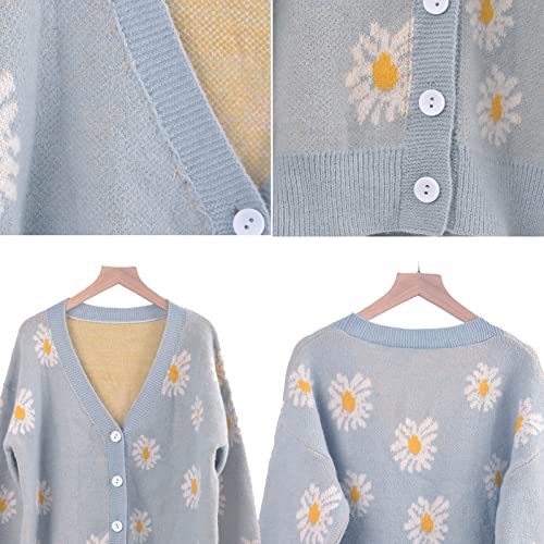 Image of Women's Floral Print Long Sleeve V-Neck Sweaters Button Down Ribbed Cuffs Knit Cropped Cardigan Sweater
