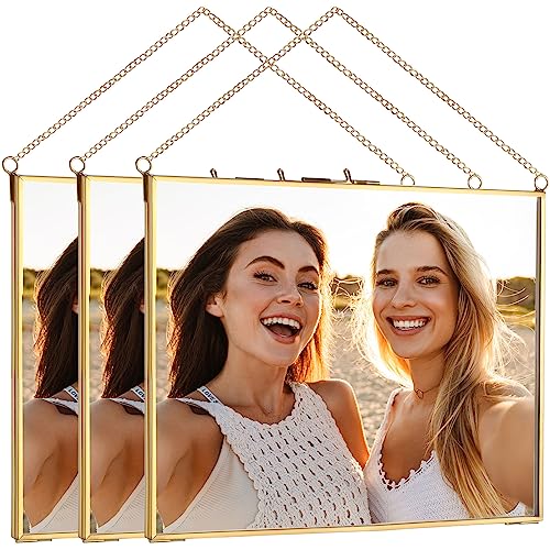 3 Pcs 8 X 12'' Double Glass Frame For Pressed Flowers Gold Hanging Floating Picture Frames With Chain Horizontal Clear Wall Mounted Photo Frame For Diy Dried Plant Flowers Specimen Artwork Gallery #TOP17