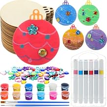 DoubleFill 50pcs Christmas Wood Ornaments Painting Craft Kits for Kids Paint Your Own Xmas Ornaments with 12 Colors of Acrylic Paint, 12 Colors of Markers, and 200 Acrylic StickersBall