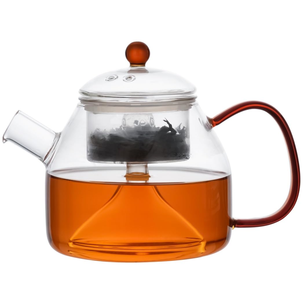 Glasteekanne, 1200 ml, für Herd und Mikrowelle geeignet, aus 2 mm Borosilikatglas, mit herausnehmbarem Edelstahl-Teesieb, großem Griff, tropffreiem Ausguss, für Blooming Tea und losen Tee