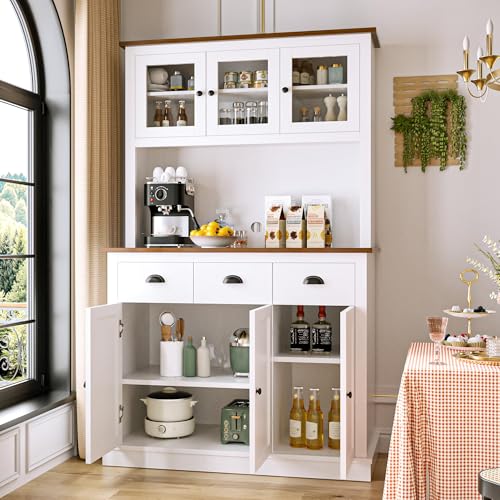 Image of MU 71 inch Kitchen Pantry Cabinet with Charging Station, Tall Kitchen Hutch with Countertop, Drawers & Microwave Shelf, Food Storage Cabinet, White