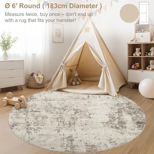 6ft Round Area Rug Living Room Rugs - 6x6 Washable Neutral Modern Abstract Soft Thin Rug Indoor Floor No Slip Rug Carpet for Bedroom Under Dining Table Home Office Decor - Dark Brown
