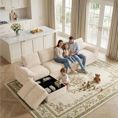 142" Modular U-Shaped Sectional Sofa with Storage, 4-Seat Corduroy Boneless Couch, 27" Deep Seat Cloud Couch & 2 Movable Ottoman, Tool-Free Assembly, Couch for Living Room, Beige - Image 3