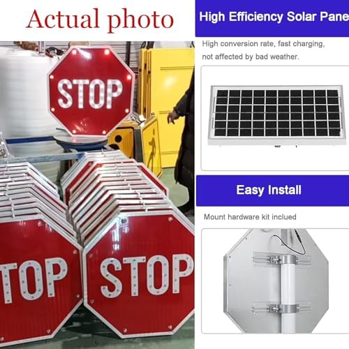 24" x 30" Solar-Powered LED Stop Sign, Blinking Traffic Warning Sign for Streets, Engineer-Grade Reflective Film, Road Safety Alert for Municipal Use