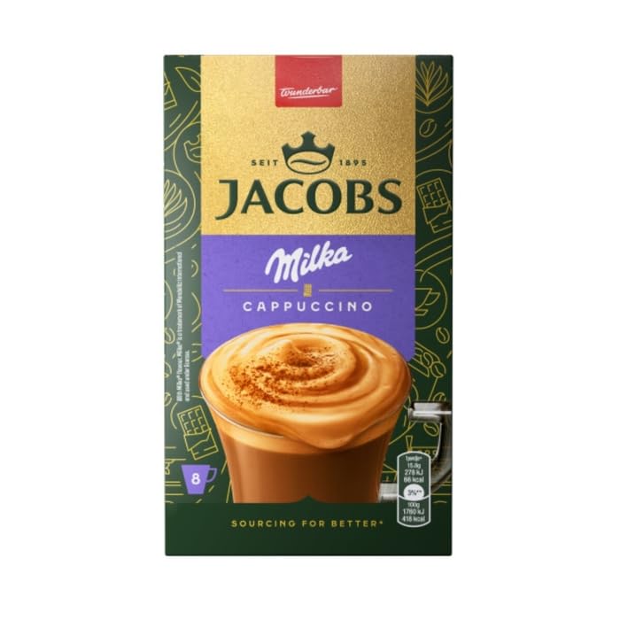 Jacobs 3 en 1 Milka, capuchino – Licor de Café Instantáneo, 10 x 8 sobres, 126.4g, porciones individuales, stock fresco de mayorista, café fuerte y rico.