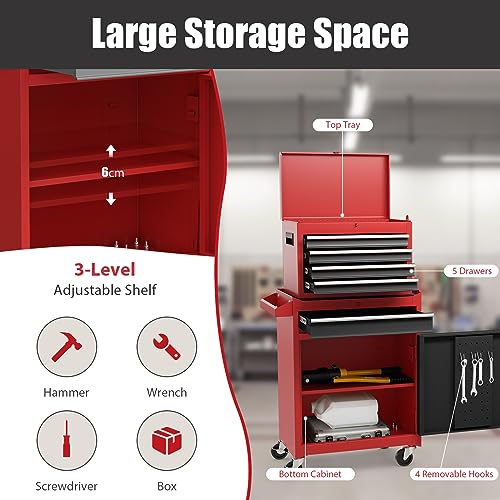 COSTWAY Large Rolling Tool Cabinet, 2-in-1 Detachable Metal Tool Chest with Drawers, Wheels, Handle & Hooks, Lockable Tool Box Trolley for Garage Workshop (5 Drawer with Adjustable Shelf, Red+Black) 4 COSTWAY Large Rolling Tool Cabinet, 2-in-1 Detachable Metal Tool Chest with Drawers, Wheels, Handle & Hooks, Lockable Tool Box Trolley for Garage Workshop (5 Drawer with Adjustable Shelf, Red+Black) - Image 4