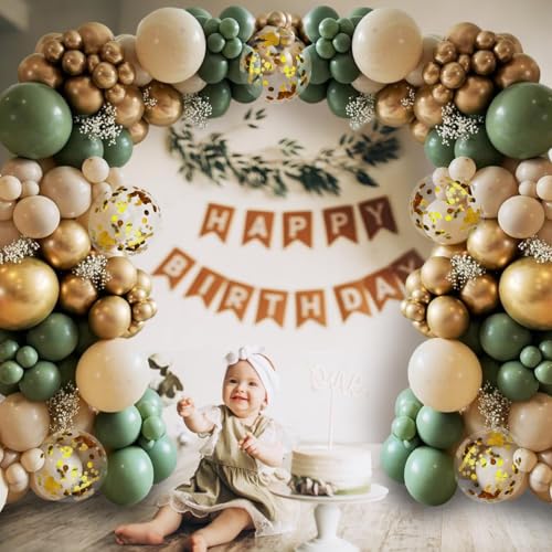 Image of Sage Green Gold Balloons, 55 PCS 12 Inch Retro Green White Metallic Gold Confetti Balloon, Olive Green Balloon for Birthday Baby Shower Engagement Wedding Anniversary Graduation Party Decoration