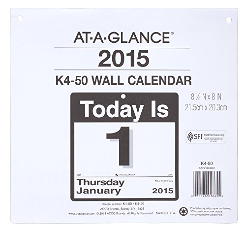 AT-A-GLANCE Wall Calendar Refill 2015, Today Is, Daily, For K4-Style Base, 8.5 x 8 Inch Page Size (K4-50)