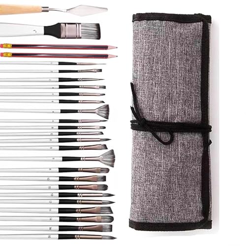 28 Pieces Paint Brush Set Professional Paintbrushes with Palette Knife Craft Paint Brushes for Acrylic Painting Oil Watercolor Gouache & Canvas Drawing & Art Supplies, Brush Set HRJZF - Thumbnail 3