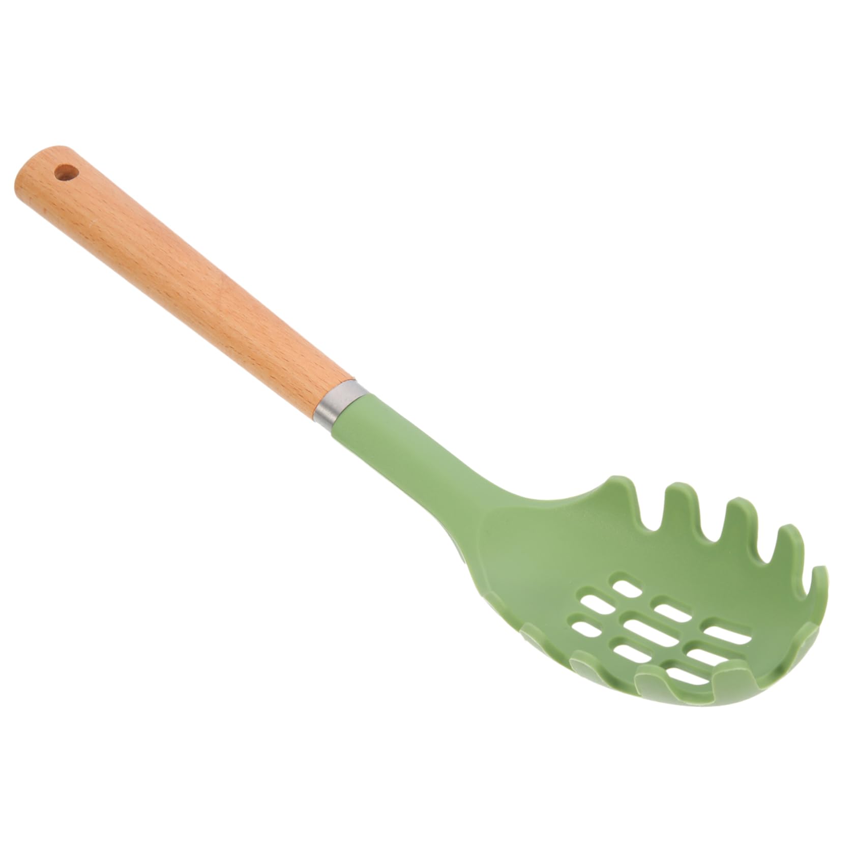 KICHOUSE Wooden Handle Silicone Powder Grip Spaghetti Fork Server Slotted Spoon Pasta Noodles Scoop Pasta Fork Spaghetti Spatula Cookware Spaghetti Spoon Egg Spoon Cutlery Green