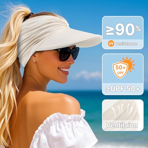 Sun Visor Hats, Wide Brim Sun Hats for Women, UPF 50+ UV Protection Visors for Women, Foldable Packable Ponytail Beach Summer Visor Hat for Sports, Tennis, Golf, Running, Beige
