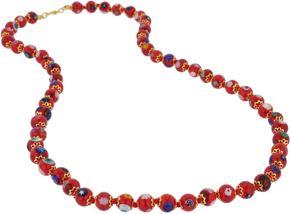 Glass Of Venice Murano Glass Necklace Longer Length 24-Inch Plus Extender - Italian Red Mosaic Lampwork Beads - Handmade Blown Glass Necklace for Women
