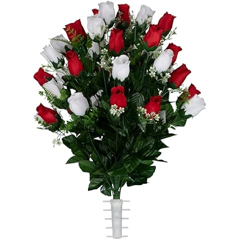 Sympathy Silks Artificial Cemetery Flowers - Gravesite Flowers - Red and White Roses Cover