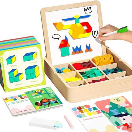 Wooden Magnetic Pattern Block Set with Cards & Pen, 248 Pcs Montessori Creative Magnetic Puzzle Toys for Toddlers 4-8, Learning Educational STEM Tangrams for Kids Boys Girls 4 5 6 7 8