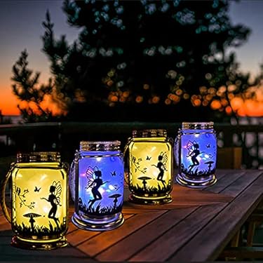 AMAZON - ANGMLN Solar Fairy Lantern Mason Jar Light- 4 Pack Ourdoor Fairies Decorations Gifts Hanging Lamp Frosted Glass Jar with Stake for Yard Garden Patio Lawn