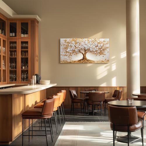 SERIMINO Blossom Tree of Life Wall Art, White Gold Tree Large Wall Decor, Natural Landscape Abstract Art Paintings, Modern Home Wall Pictures for Living Room Bedroom Office Canvas Prints 24"X48"