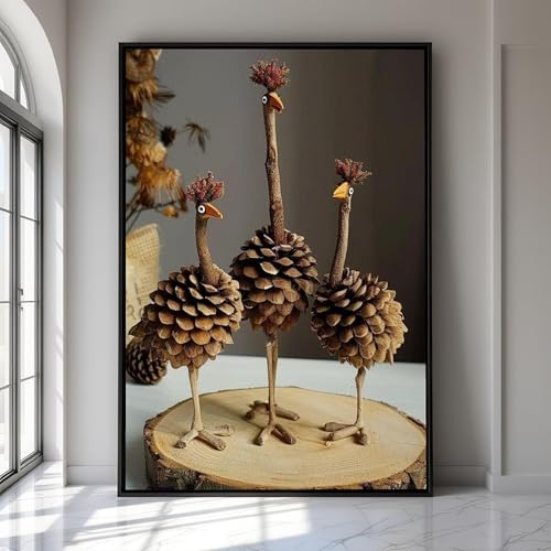 Art mural oiseau et pomme de pin 3 toiles pour habiller un grand mur vide